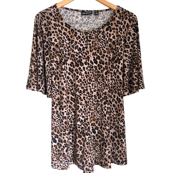 Nina Leonard Leopard Print Short Sleeve Cutout Tie-back Blouse Size XL - Picture 1 of 10
